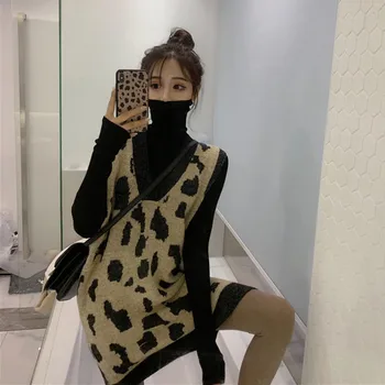 

2 piece set women autumn and winter turtlenck long sleeve pullover sweater female leopard vest dress wild two-piece suit NS1602