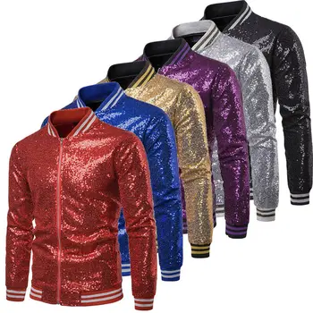 

Mens Sequined Performance Show Hip Hop High Street Zip Gold Silver Blazers Wedding Jacket Party Tuxedo Suit Coat Costume