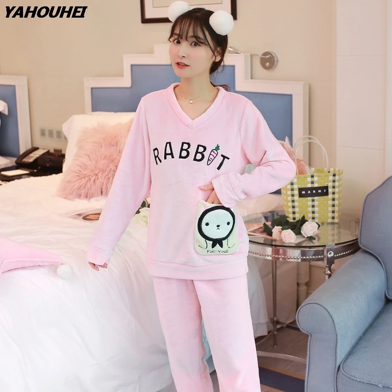

High Quality Thick Warm Flannel Pajamas Sets Women 2020 Winter Long Sleeve Coral Velvet Pyjama Girls Sleepwear Homewear Clothing