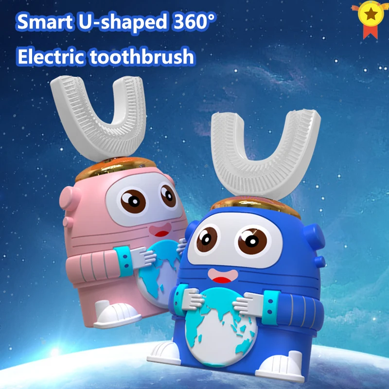 XaoMi-cepillo de dientes eléctrico ultrasónico para niños, dispositivo inteligente de silicona de 360 grados, tipo U, carga por USB, con patrón de dibujos animados