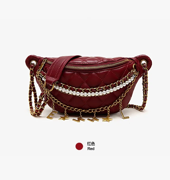 Small Bag Women New Fashion Korean Versatile Messenger Bag Pearl Chain Waist Bag Gold Letter Tassel Chest Bag Nightclub Bag