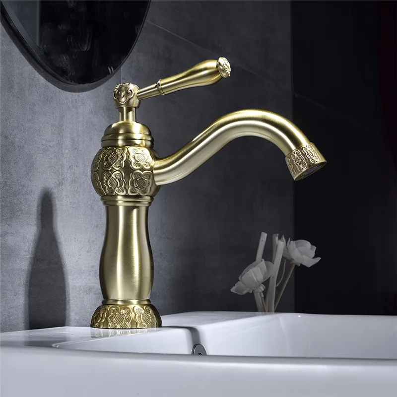 Antique Brass S Смеситель для раковины, античная латунь, резной кран для раковины, кран с одним отверстием, кран для горячей и холодной воды, смесители, Черный Масляный кран для раковины - Цвет: Antique Brass S