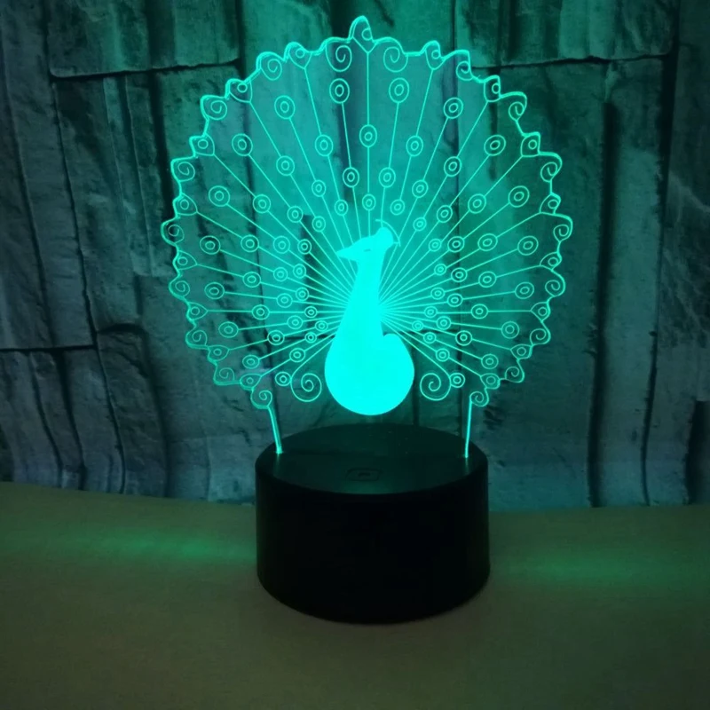 Promo OZQ Top-3D Peacock Lamp Home Decoration Atmosphere Lava Lamp 7 Color Changing LED Illusion Nightlight Peafowl Splendid Tail Kids Gif 