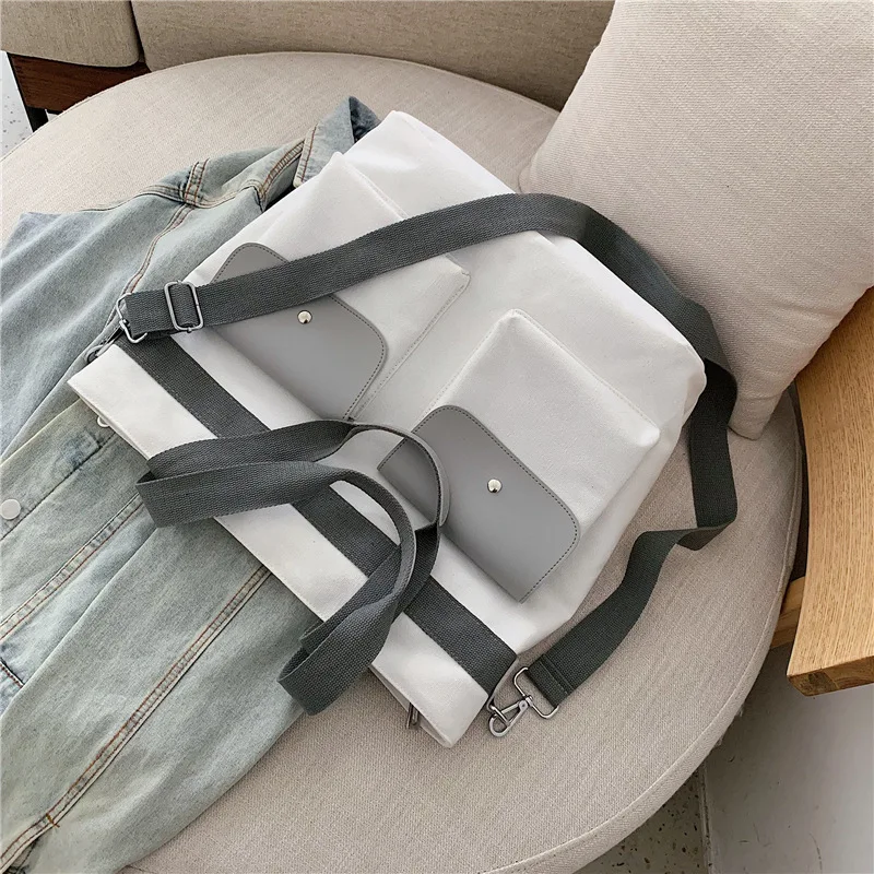 

2019 new trendy canvas bag with double pocket and one shoulder slanted bag