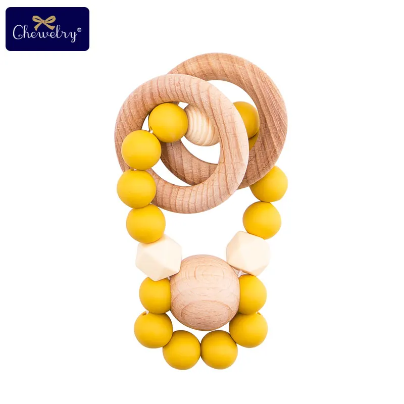 Yellow 1 шт., детский браслет Teethe Woden, Ювелирное Украшение из бука, деревянное кольцо, персонализированные детские силиконовые бусины, детская коляска-погремушка, Товары для детей - Цвет: Yellow