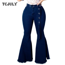 TCJULY Модные расклешенные джинсы с поясом, обтягивающие узкие эластичные джинсовые брюки, Уличная Повседневная синяя расклешенные джинсы для женщин