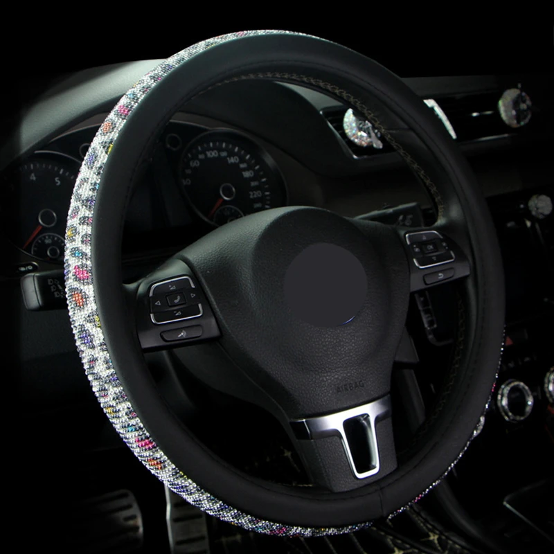 Алмазный RainbowSteering колесо крышка Ladycrystal Стразы для девочек Автомобильное рулевое колесо чехол леопардовой расцветки для Для женщин авто аксессуары