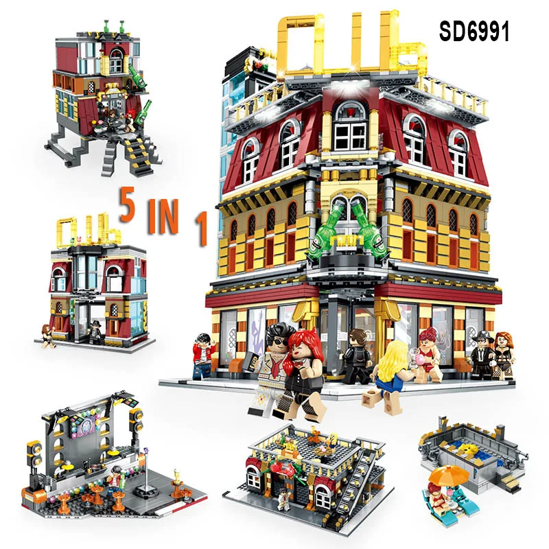 

SD6991 2488pcs 5 in 1 City Series LED Nightclub bar Club USB lighting Building Blocks 10182 15002 Educationalt toys With figures