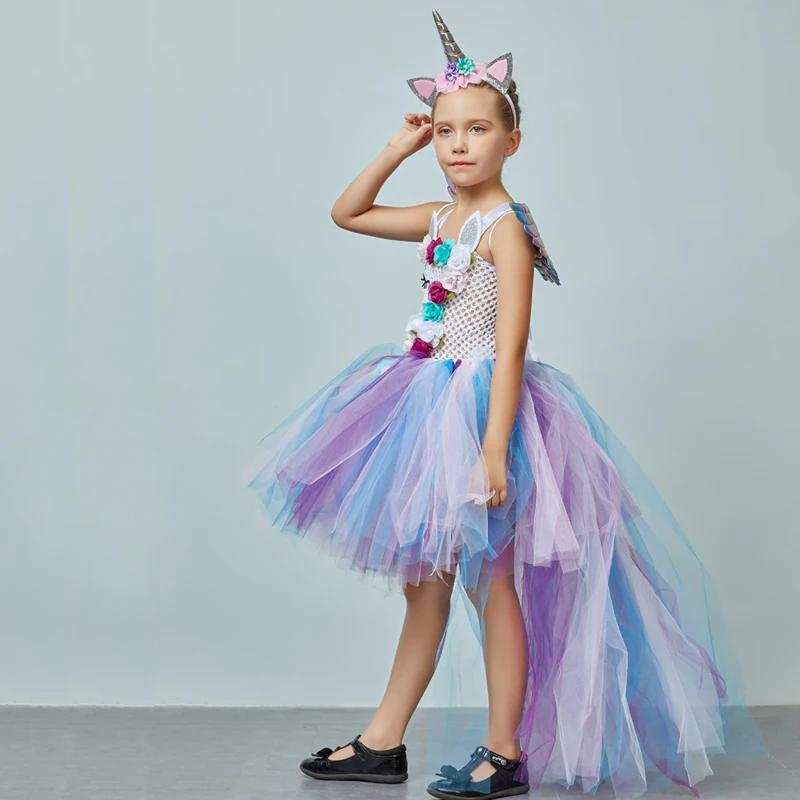 Платье-пачка с цветочным рисунком и единорогом для девочек, с повязкой на голову и крылышками, нарядное платье с единорогом для дня рождения костюм на Хэллоуин