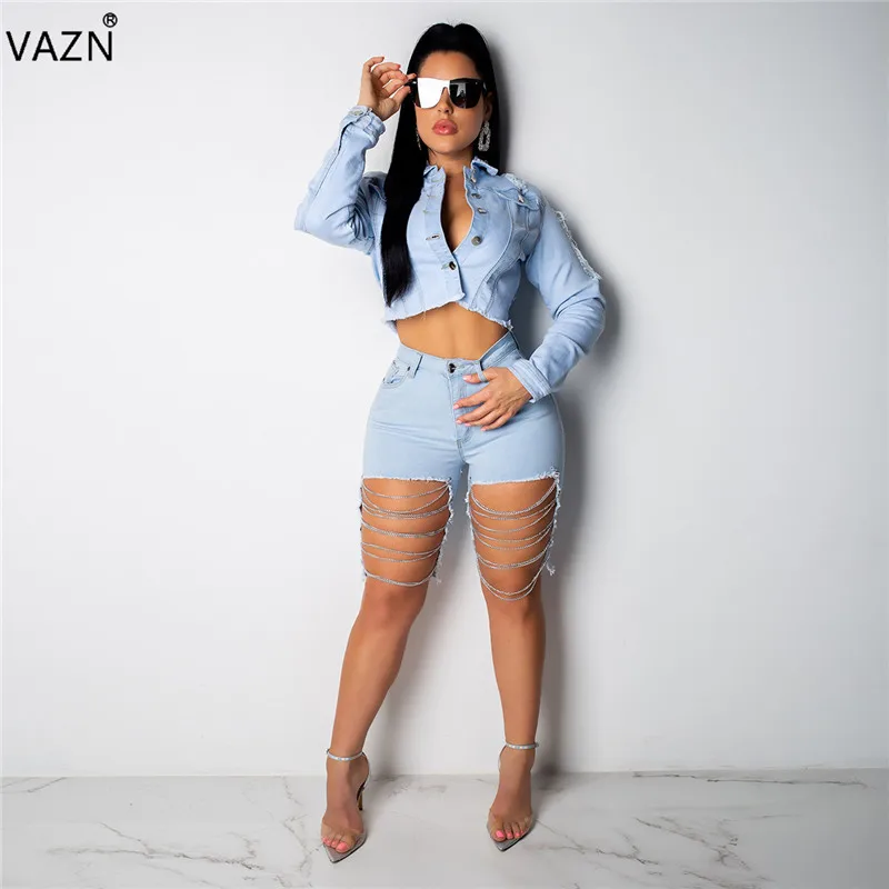 VAZN новые летние новые модные сексуальные женские джинсовые брюки-карандаш однотонные выдалбливают Высокие уличные дыры половина джинсовые брюки ME237
