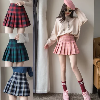 Falda corta Harajuku para mujer, falda a cuadros coreana, con cremallera, de cintura alta, plisada, Sexy 1
