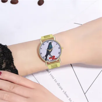 

Bird Pattern Watch Women Men OTOKY Gold Watches Stainless Steel Strap Wrist Watch Ladies Watch Top Brand Quartz Watch Students