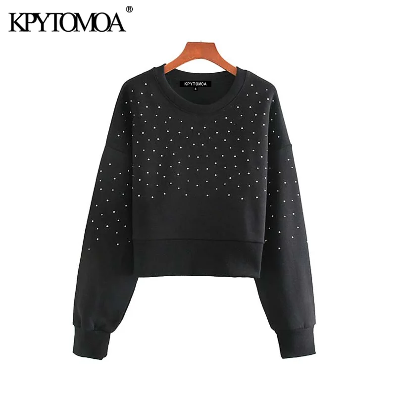  Vintage Stylish Studded Applique Cropped Sweatshirts Women 2020 Fashion O Neck Long Sleeve Female P