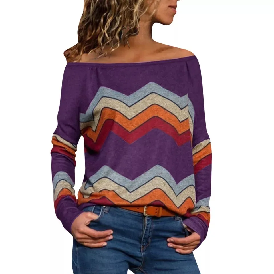 

Autumn 2020 Women Blouses Fashion Off Shoulder Long Sleeve Tops Elegant Leisure Ladies Vintage Striped Printed Shirts