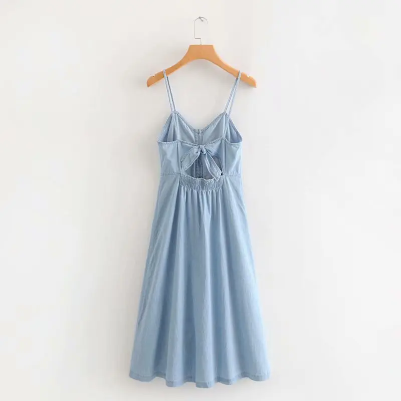 

Summer New Korean Elegant WOMEN'S Dress Slim Fit Waist Hugging Slimming Back Bandage Cloth Cowboy Camisole A- line Dress