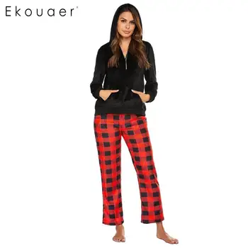 

Ekouaer Women Winter Pajamas Set Hooded Sleepwear Long Sleeve Warm Cozy Home Pajama Sets Female Lounge Homewear