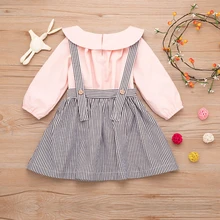 Осенне-весенние модные детские комплекты для девочек костюм из двух предметов Полосатое платье на бретелях для девочек рубашка с лацканами для малышей, комплект одежды