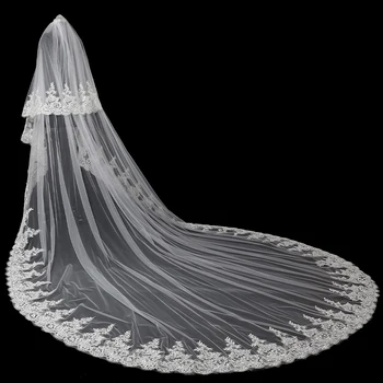 

Women Ivory Ruffle Wedding Bridal Cathedral Veil with Comb 4m Elegant Lace Edge Accessory Bride 2 Layer Soft Tulle Veil Long