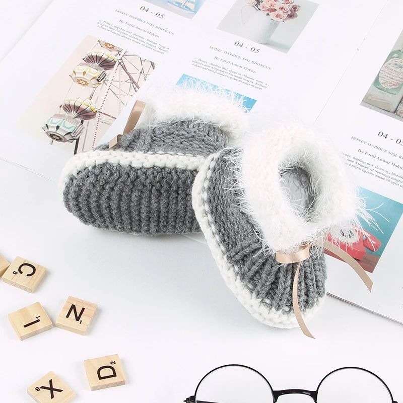 Baby Shoes Solid Knit Winter Toddler Infant Slip-On Warm Bed Shoes Autumn Hand Made Newborn Girls Boys Boot Fashion Cute Bowknot 4
