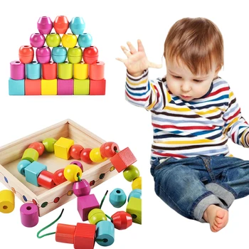 

Wooden Blocks Lacing Beads Toy Toddlers Game Threading Gift Early Education Learning Geometric Shape Colorful Cognitive For Kids