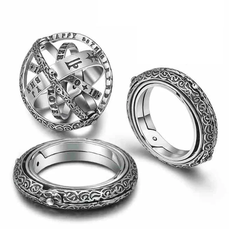 

2019 New Nautical Globe 12 constellations 8 major planets Tail Rings 100% S925 Sterling Silver for Women wedding Ring Jewelry
