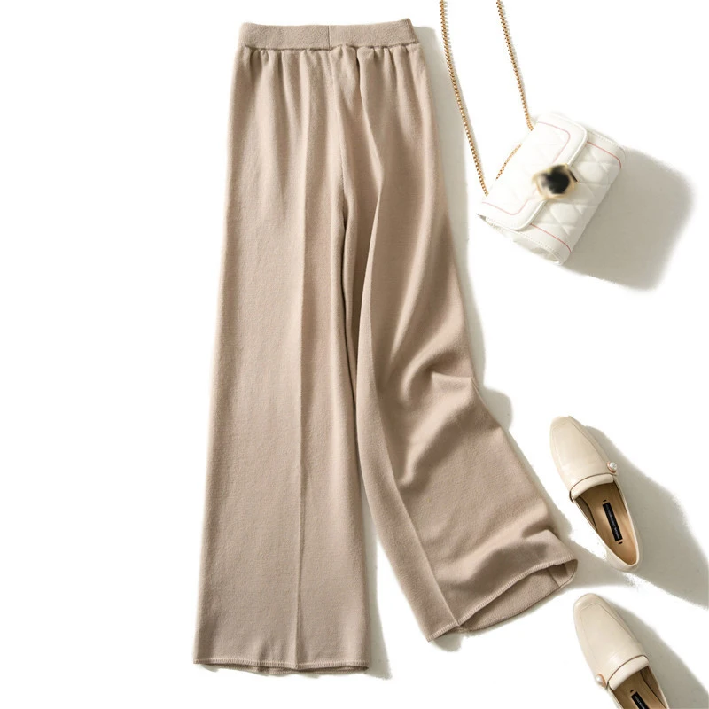 2020 Autumn Winter New Cashmere Wide Leg Thick Pant Women Black Grey Camel Trousers High Waist Loose Elastic Waist Wool Pants