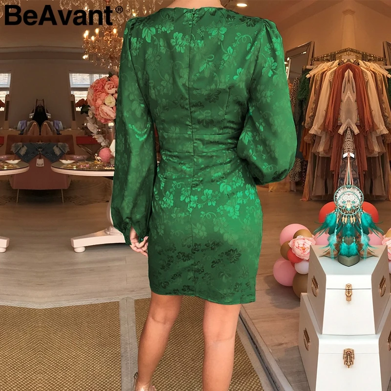 BeAvant, сексуальное короткое платье с v-образным вырезом для вечеринки, зеленая лента, элегантное платье для женщин, рукав-фонарик, однобортное ТРАПЕЦИЕВИДНОЕ мини-платье, летнее