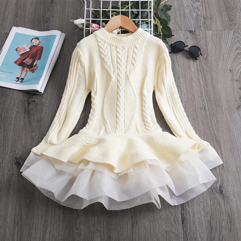 2021 Winter Knitted Chiffon Girl Dress Christmas Party Long Sleeve Children Clothes Kids Dresses For Girls New Year Clothing