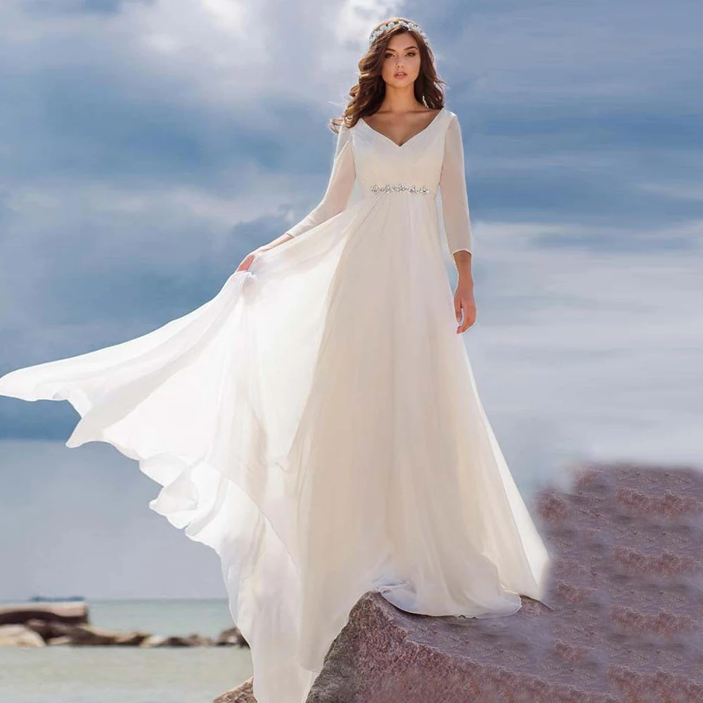 『Cheap!!!』- Elegant Plus Size Chiffon Wedding Dresses 2021 Simple
V-neck Long Sleeve Chapel Train A Line Bridal Gowns with Beading