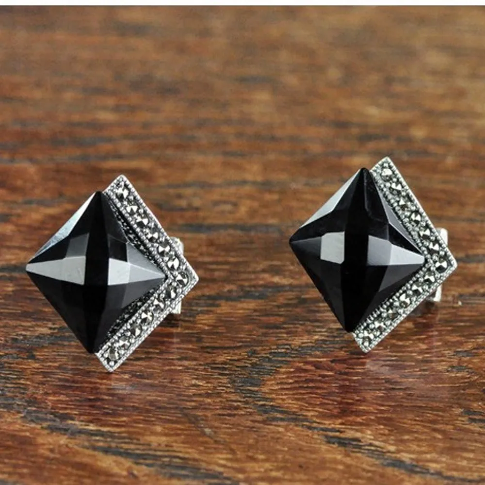 Серьги из серебра S925 пробы винтажные черный оникс камень гранат красный цвет|silver