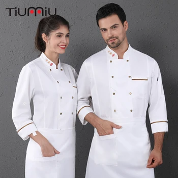 

High Quality Neckline Embroidery Long Sleeve Chef Uniform Unisex Waiter Coat Cafe Hotel Hair Salon Bar Overalls Free Scarf Gift