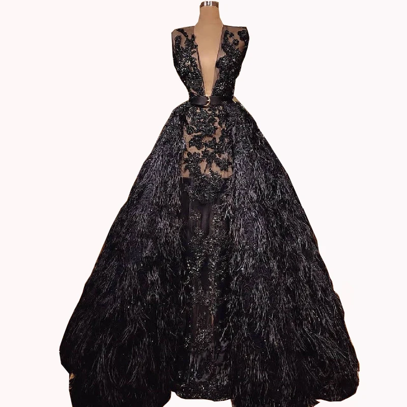 

Long Black Evening Dress 2019 with Detachable Skirt V Neck Arabic Custom Made Kaftan Saudi Formal Evening Party Dresses Prom