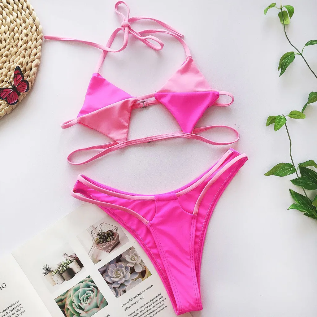 Hot Pink Бикини, бикини для женщин, модный сексуальный лоскутный бандаж, регулируемый ремень, бикини, Раздельный Купальник, Купальник для женщин, купалник#14 - Цвет: Hot Pink