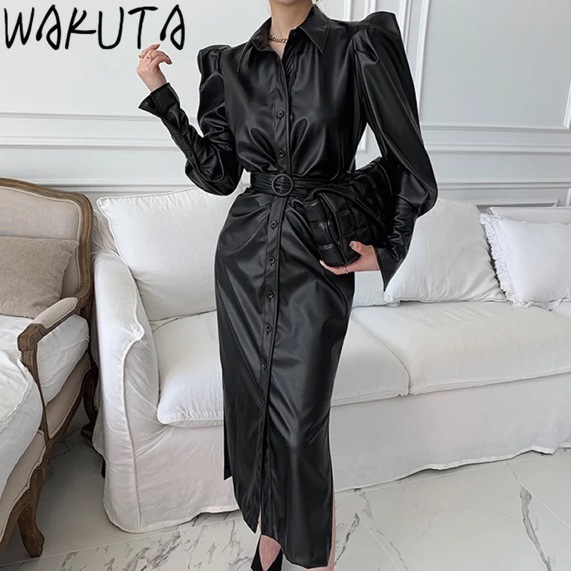 

WAKUTA PU Leather Black Dress Women Korean Fashion Slim Belt Shoulder Pads Dress Blousas Elegant Split Puff Sleeve Streetwear