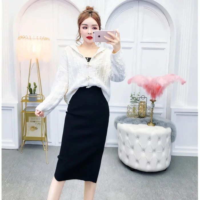 

Young Royal Sister-Style Early Autumn Cardigan Sweater Mature WOMEN'S Suit Goddess Slimming Slit Skirt Two-Piece Set Fashion