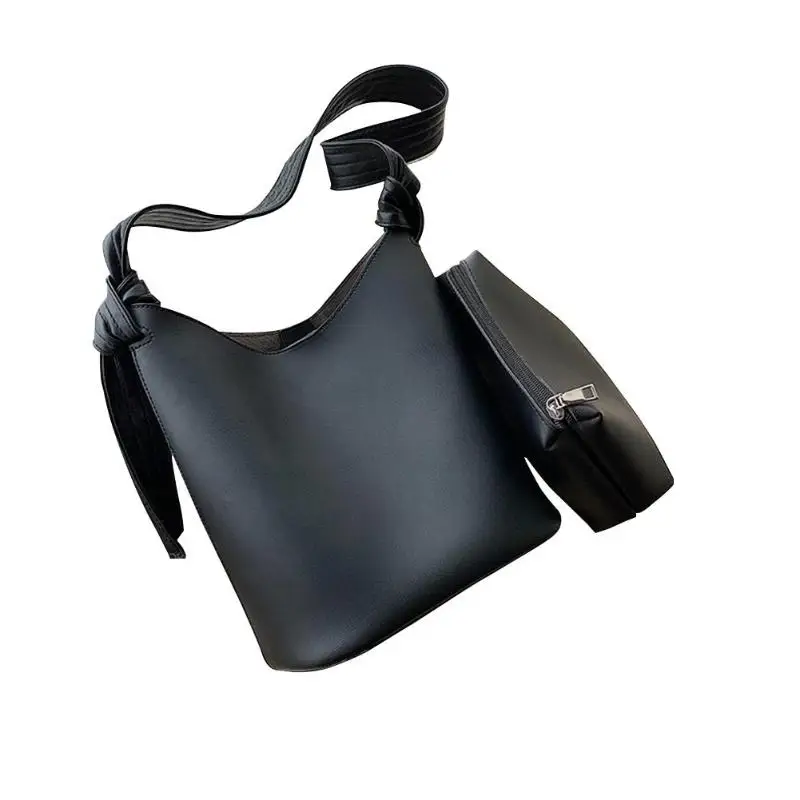 2 шт./компл. Для женщин в стиле ретро из искусственной кожи через плечо сумки из натуральной кожи дамские Повседневное Однотонная одежда простая сумка-ведро - Цвет: Black