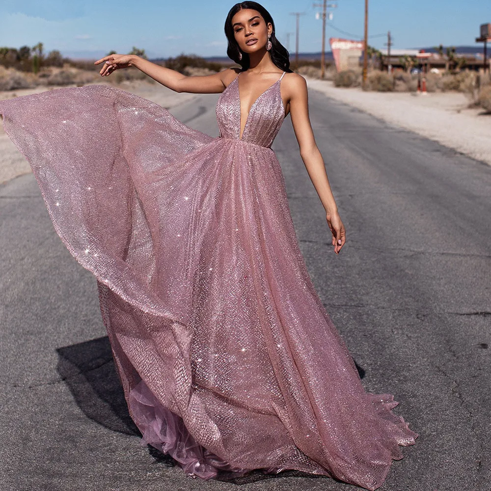 

Eightree Open Back A-Line Long Prom Dresses Spaghetti Straps Sleeveless Sparkly Formal Evening Dress V Neck Shinny Party Dresses