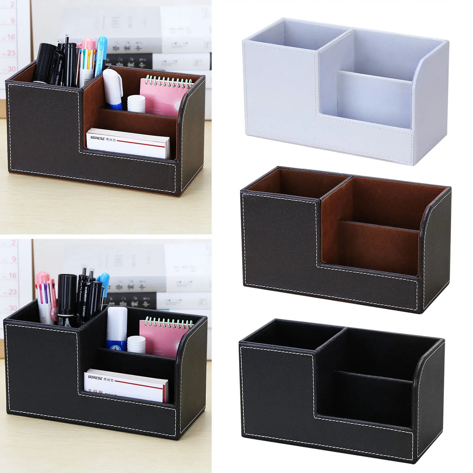 

High Grade PU Leather Desk Organizer Pencil Pen Holder Caddy Storage Box with 3 Compartments for Home Office School Supplies