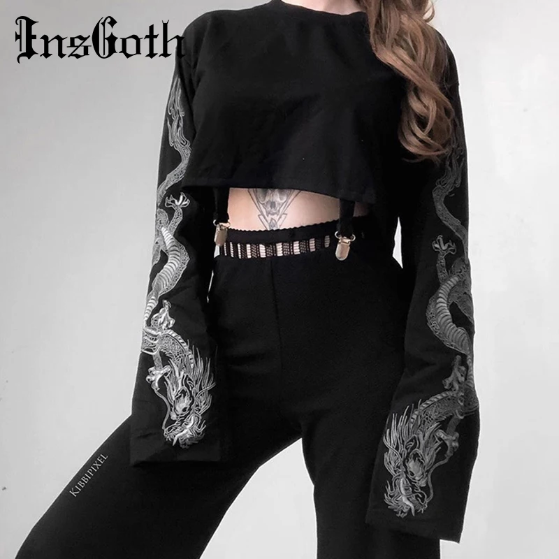 Online InsGoth negro Crop Top Sudadera con capucha mujer sudadera gótico Punk Grunge dragón impreso Harajuku sudadera suelta Jersey mujer Top