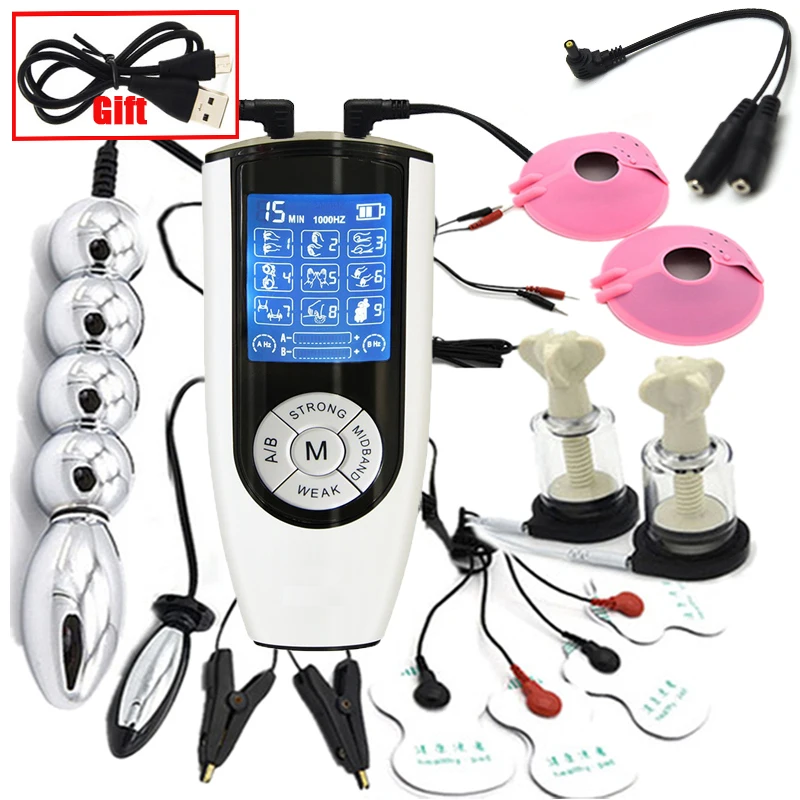 BDSM Electric Shock Anal Vaginal Plug E-Stim Penis Ring Urethral Dilator Massage Gloves Nipple Clamps Sex Therapy Toy Kit