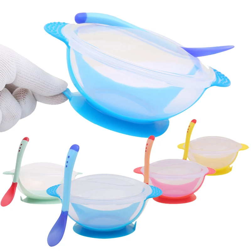 Baby Kids Tableware Suction Bowl Spoon Temperature Sensing Spoon Set Cover