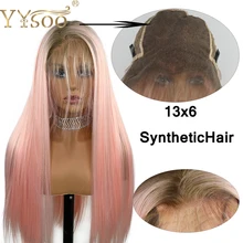YYsoo Long13x6 шелк прямой кружевной передний синтетический парик без клея Ombre розовый парик для женщин термостойкие волокна волос парик темные корни