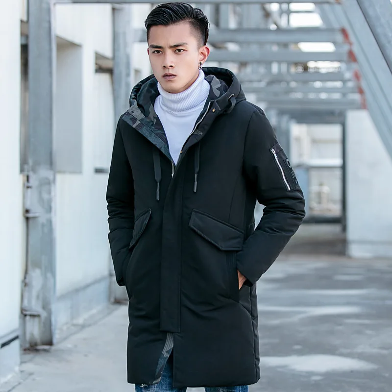 Зимняя новая стильная мужская хлопковая стеганая одежда средней длины с капюшоном, повседневное плотное пальто, камуфляжное Трендовое хлопковое пальто