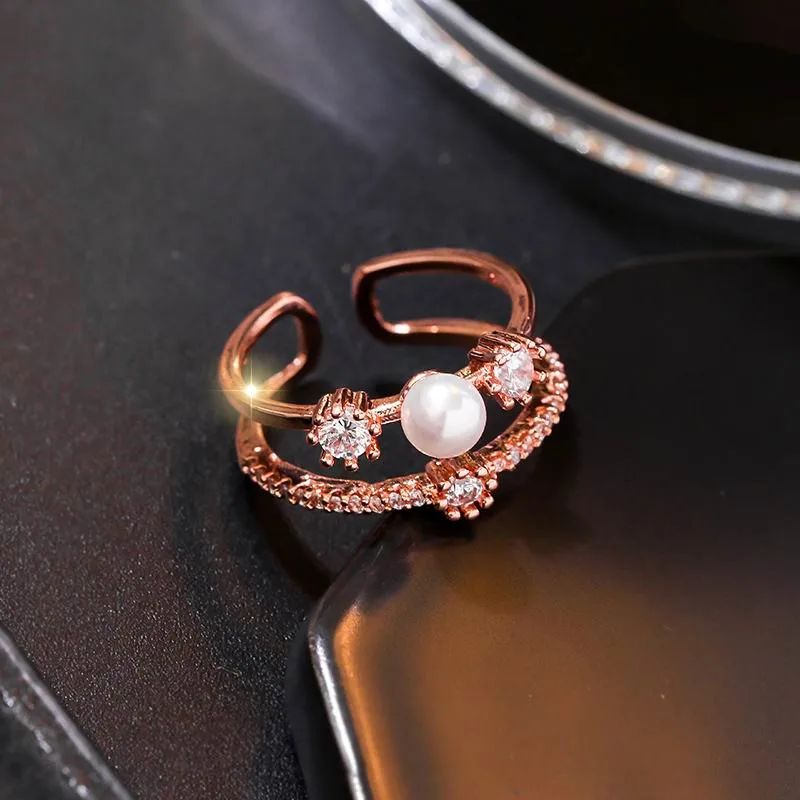 Hot Fashion Rhinestone Pearl Rings Double Layer Simple Open Adjustable For Women Korean Jewelry Fine Gifts | Украшения и