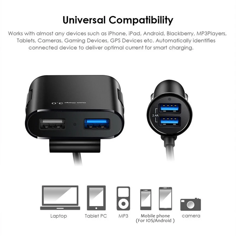 4 порта Быстрый 3,0+ A USB Автомобильное зарядное устройство Универсальный USB Быстрый адаптер с 5.6ft удлинитель Кабель для MPV автомобильный телефон