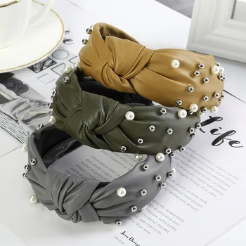 

Haimeikang Women Knotted Bezel Headband Pearl Rhinestone Fashion Headwear Hair Accessories PU Solid Color Head Hoop Headdress