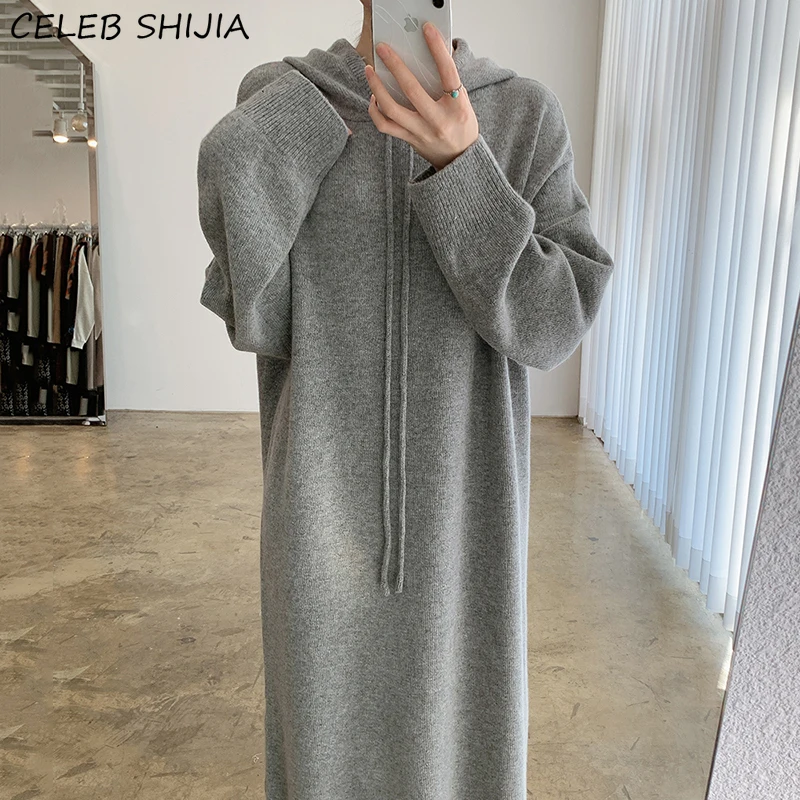 Hooded Knitted Dress Woman Autumn Oversized Gray Solid Chic Knitting Vestido Korean Long Sleeve Fall Knitwear Warm | Женская одежда