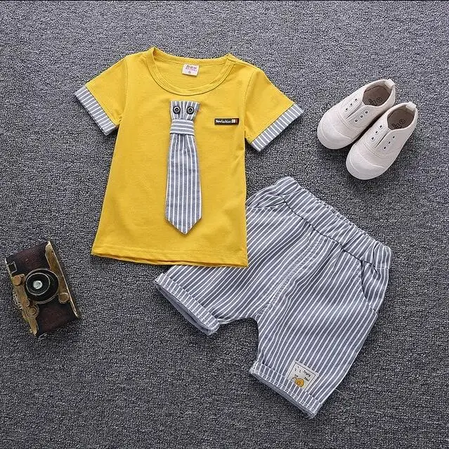 TIAOWEN YELLOW Летняя одежда для мальчиков и девочек хлопковый спортивный костюм Модная одежда для детей, Детская мода, Детский комплект для маленьких джентльменов, галстук, футболка и шорты, 2 шт./компл. Одежда для младенцев комплект - Цвет: TIAOWEN YELLOW