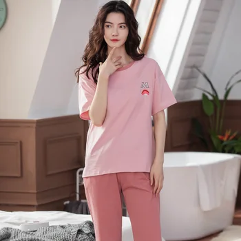 

Women Comfortable Cute 2020 Summer Pajama Set Girl letter Print Pyjama Set Short Sleeve Sleepwear Suit pullover Nightshirt Sets