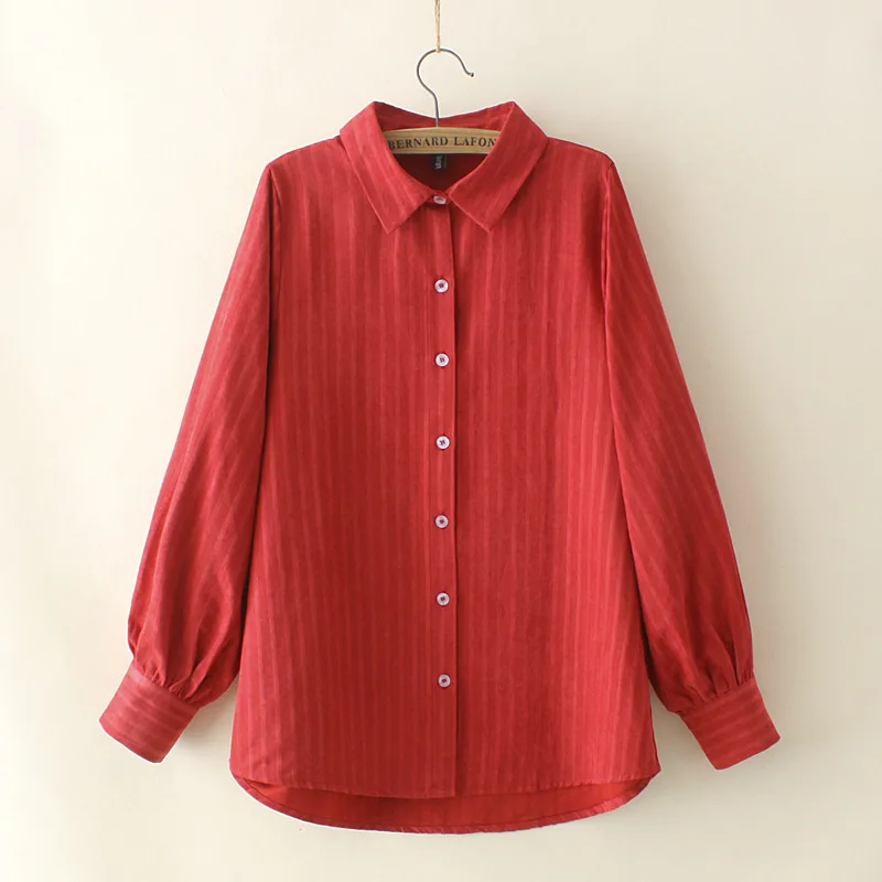 Plus Size Shirts Women Clothing Spring Autumn Loose Lapel Blouses Casual Long Sleeve Hong Kong Style Stripes Tops